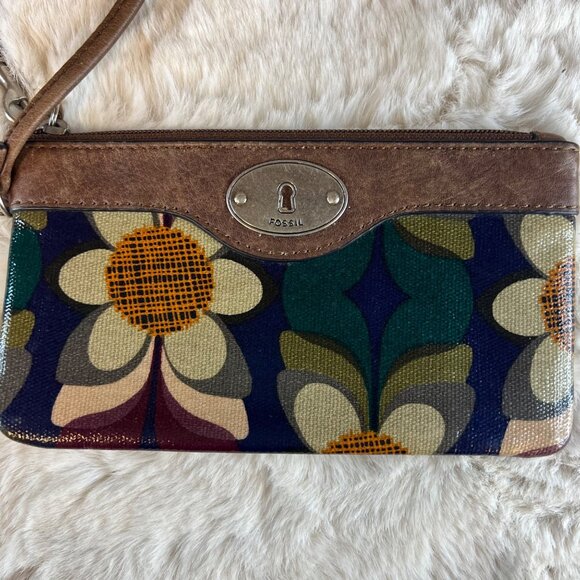 Fossil Key-Per Coated Canvas & Leather Zippered Wristlet Bag Wallet Floral Desig - Picture 2 of 4